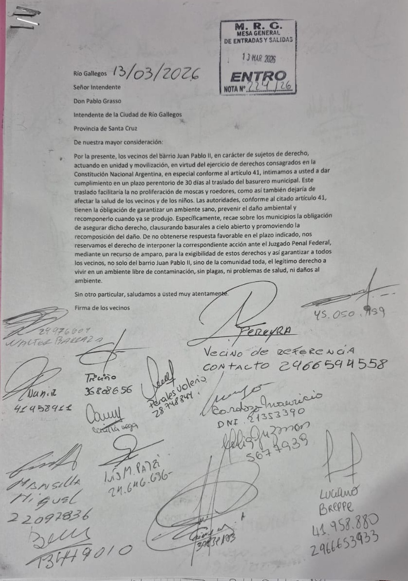 Río Gallegos. Intiman al intendente Grasso a trasladar y sanear el vaciadero en 30 días o será denunciado ante la Justicia Federal